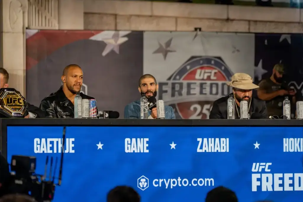 June 14, 2026, Washington, Dc, United States: UFC bantamweight challenger, Aiemann Zahabi, center, responds to a question from the media as Ciryl Gane, left, and Josh Hokit, right, look on during the Ultimate Fighting Championship Freedom 250 Press C