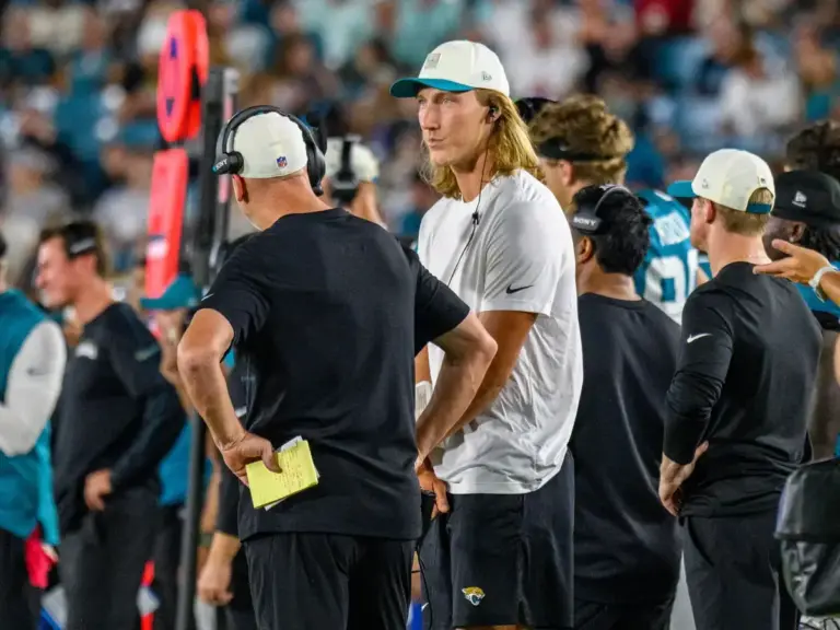 Aug 28, 2026; Jacksonville, FL, USA; Jacksonville Jaguars quarterback Trevor Lawrence (16) on the sideline during the first half of preseason game against the Tampa Bay Buccaneers at Everbank Stadium. Mandatory Credit: Romeo Guzman-Cal Sport Media(Cr