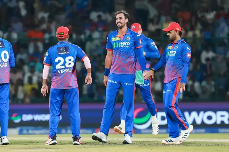 May 8, 2026, New Delhi, Delhi, India: Mitchell Starc of Delhi Capitals celebrates the run out of Ajinkya Rahane of Kolkata Knight Riders during Delhi Capitals vs Kolkata Knight Riders, 51st Match, Indian Premier League 2026 at Arun Jaitley Stadium, N
