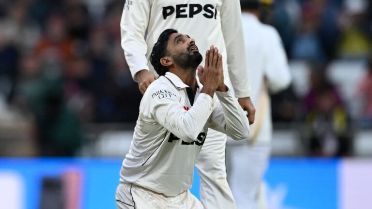 Pakistan left-arm spinner Ali Usman celebrates his maiden Test five-wicket haul on day two of the first Test against England at Headingley