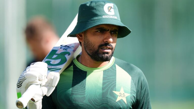 Pakistan captain Babar Azam batting in the nets as he recovers from a finger injury before the second Test against England at Lord's