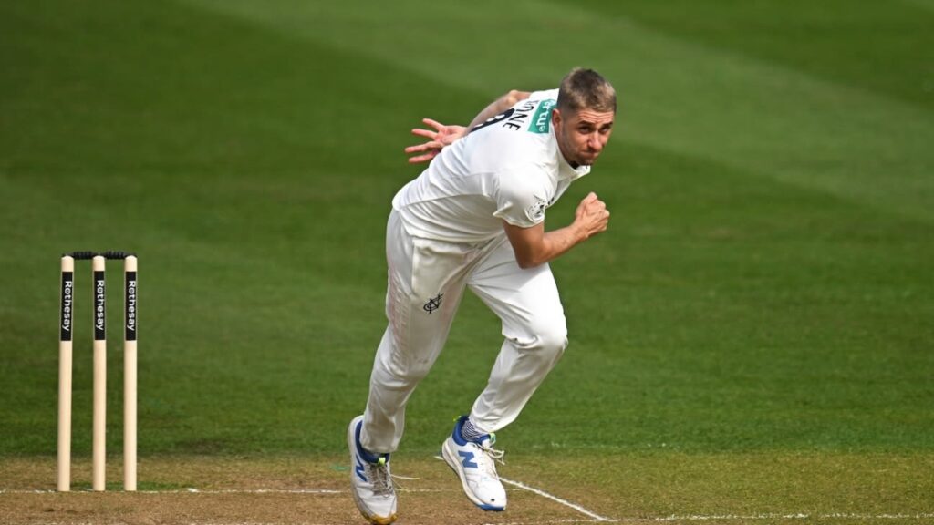 Olly Stone bowling for Nottinghamshire against Surrey at the Kia Oval, where he took match figures of 10 for 94