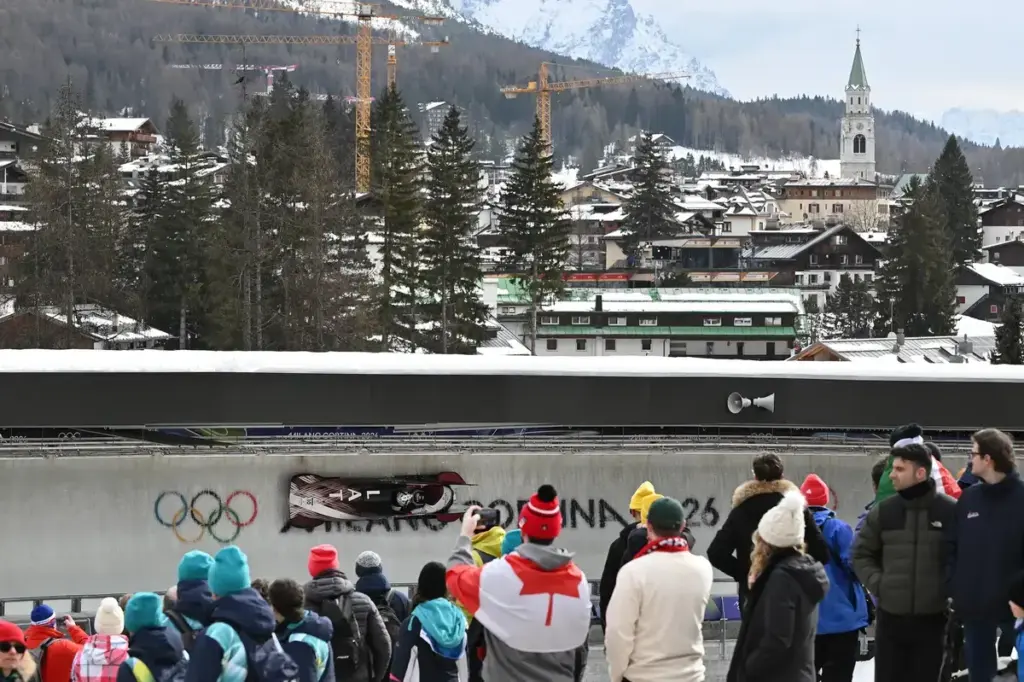 Brad Hall and Taylor Lawrence of Great Britain compete in the 2-Man Men's Bobsled heat 2 competition on day ten of the Milano Cortina 2026 Winter Olympic Games at Cortina Sliding Centre, Cortina d'aprezzo, Italy, February 16, 2026. (Photo by Anthony