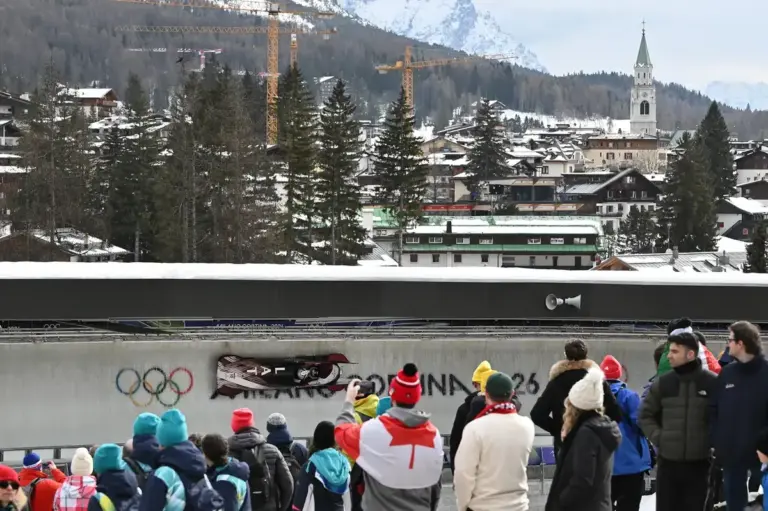 Brad Hall and Taylor Lawrence of Great Britain compete in the 2-Man Men's Bobsled heat 2 competition on day ten of the Milano Cortina 2026 Winter Olympic Games at Cortina Sliding Centre, Cortina d'aprezzo, Italy, February 16, 2026. (Photo by Anthony