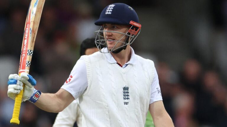 Harry Brook batting for England on day two of the first Test against Pakistan at Headingley, where he made 91