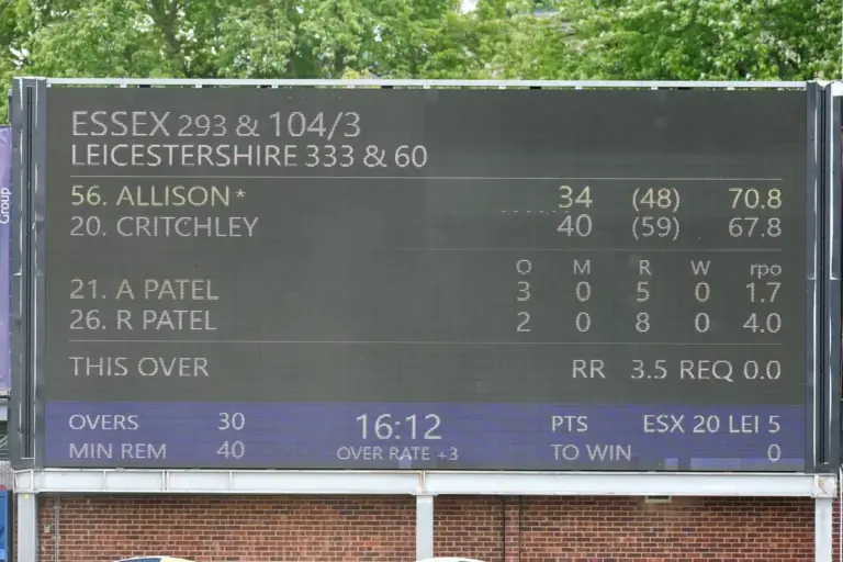 Final scores as Essex win by 7 wickets on Day 3 of the Rothesay County Championship One match between Essex County Cricket Club and Leicestershire County Cricket Club at the Essex County Ground, Chelmsford, UK on 17 May 2026.