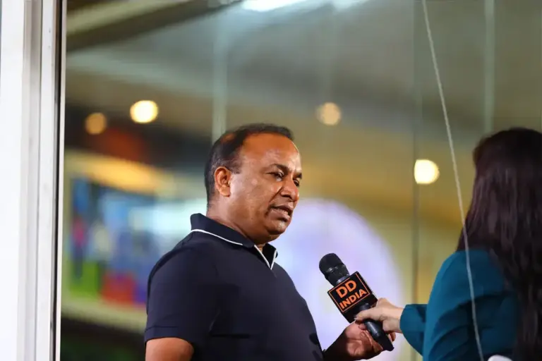 Devajit Saikia Honorary Bcci Secretary giving interview to Doordarshan India news and sport's channel during the ICC Women's World Cup match India Women training at ACA Stadium, Guwahati, India, 29th September 2025(Photo by Shubhajit Roy Karmakar/New