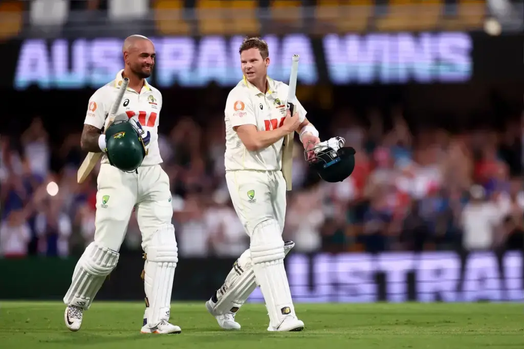 Steve Smith of Australia celebrates Australia winning during the day 4 of the Second Test in the NRMA Insurance Ashes Series Australia vs England at The Gabba, Brisbane Cricket Ground, Brisbane, Australia, 7th December 2025

(Photo by Pat Ho