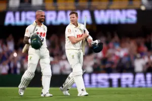 Steve Smith of Australia celebrates Australia winning during the day 4 of the Second Test in the NRMA Insurance Ashes Series Australia vs England at The Gabba, Brisbane Cricket Ground, Brisbane, Australia, 7th December 2025

(Photo by Pat Ho