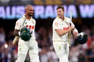Steve Smith of Australia celebrates Australia winning during the day 4 of the Second Test in the NRMA Insurance Ashes Series Australia vs England at The Gabba, Brisbane Cricket Ground, Brisbane, Australia, 7th December 2025

(Photo by Pat Ho