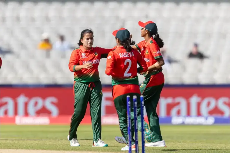 WICKET India Women Shafali Verma bowled by Bangladesh and celebrates Women Ritu Moni during the ICC Women's T20 World Cup match between India Women and Bangladesh Women at Old Trafford, Manchester, UK on 25 June 2026.