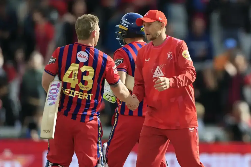 Joe Root of Welsh Fire shakes hands with Tim Seifert of Manchester Super Giants at the end of the The Hundred match between Manchester Super Giants and Welsh Fire at Old Trafford, Manchester, UK on 5 August 2026.