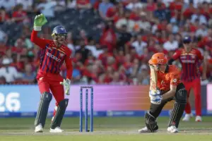 Sunrisers Harry Brook and an appeal from Manchester Super Giants Jos Buttler during the The Hundred match between Manchester Super Giants and Sunrisers at Old Trafford, Manchester, UK on 11 August 2026.
