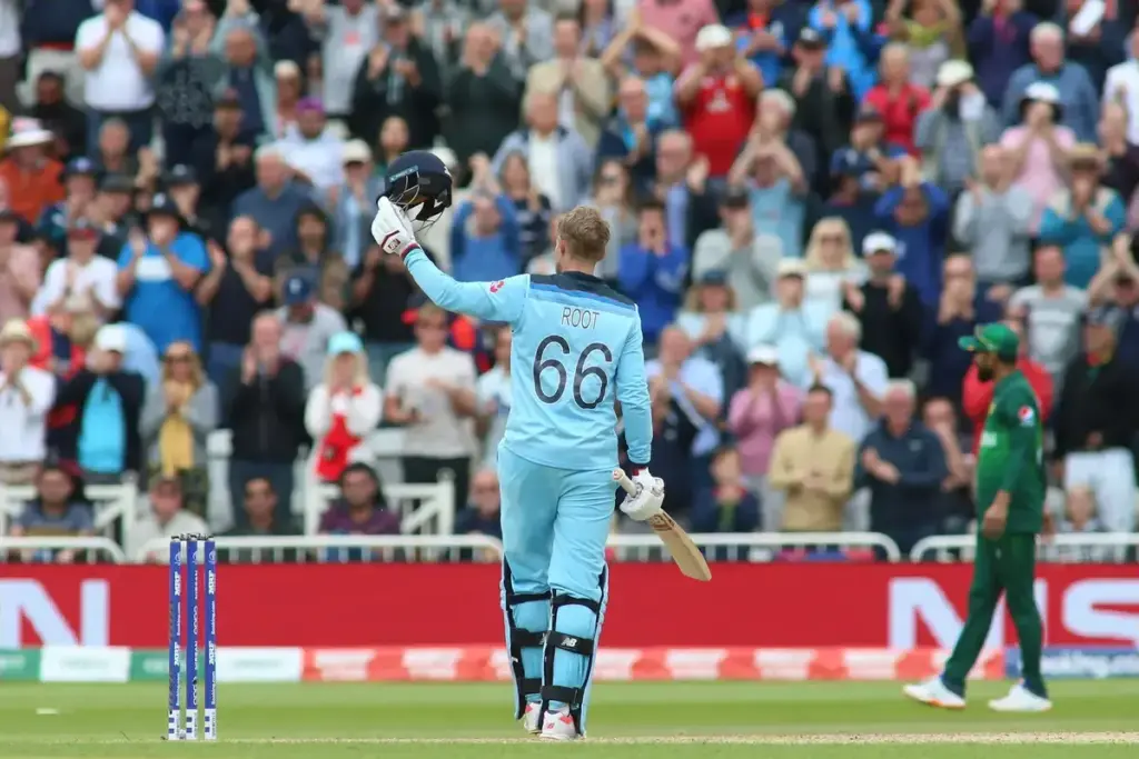 Joe Root of England celebrates getting 100 runs during the ICC Cricket World Cup 2019 match between England and Pakistan at Trent Bridge, West Bridgford, United Kingdon on 3 June 2019.