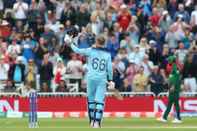 Joe Root of England celebrates getting 100 runs during the ICC Cricket World Cup 2019 match between England and Pakistan at Trent Bridge, West Bridgford, United Kingdon on 3 June 2019.