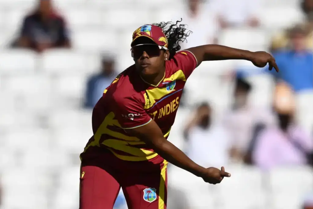 Hayley Matthews of West Indies bowling during the ICC Women's T20 World Cup semi final match between Australia Women and West Indies Women at the Oval, London, UK on 30 June 2026.