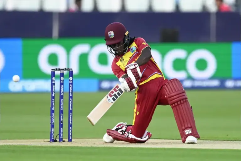 Deandra Dottin of West Indies plays an attacking shot during the ICC Women's T20 World Cup match between England Women Cricket and West Indies Women at Lord's Cricket Ground, St John's Wood, UK on 24 June 2026.