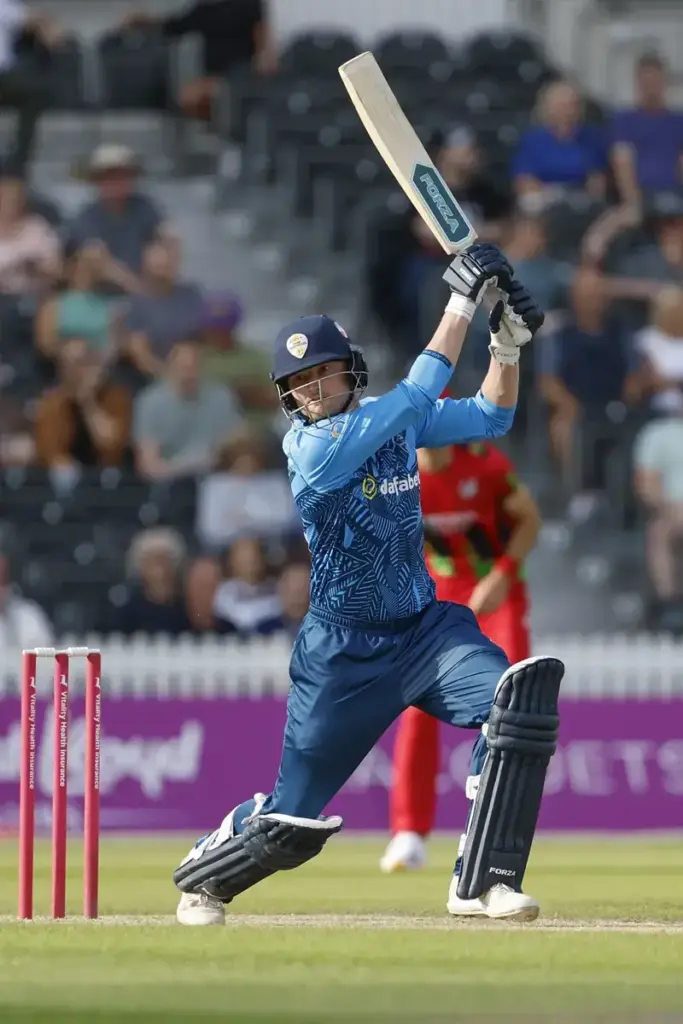 Derbyshires Aneurin Donald during the Vitality Blast match between Lancashire Lightning and Derbyshire Falcons Men at the Emirates, Old Trafford, Manchester, UK on 6 July 2026.