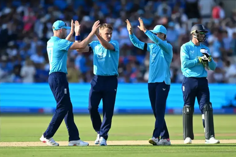 Wicket - Sam Curran of England celebrates taking the wicket of Ishan Kishan of India during the Metro Bank One Day International match between England and India at Lord's Cricket Ground, St John's Wood, UK on 19 July 2026.