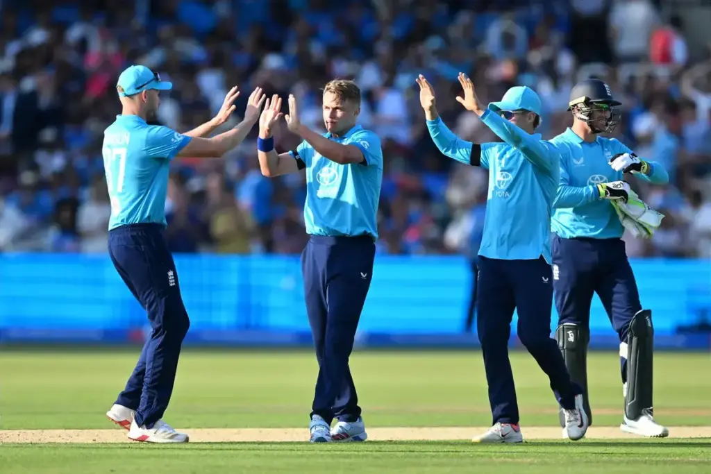 Wicket - Sam Curran of England celebrates taking the wicket of Ishan Kishan of India during the Metro Bank One Day International match between England and India at Lord's Cricket Ground, St John's Wood, UK on 19 July 2026.