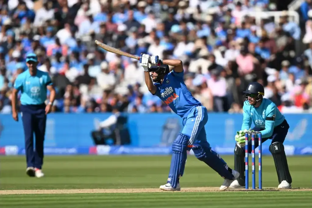 Shubman Gill of India plays an attacking shot while batting during the Metro Bank One Day International match between England and India at Lord's Cricket Ground, St John's Wood, UK on 19 July 2026.