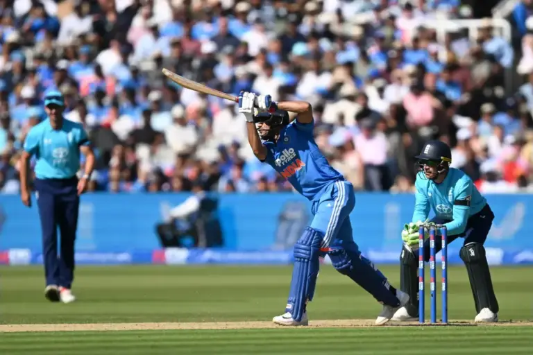 Shubman Gill of India plays an attacking shot while batting during the Metro Bank One Day International match between England and India at Lord's Cricket Ground, St John's Wood, UK on 19 July 2026.