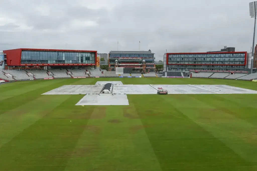 General shot of the ground during the Rothesay County Championship Two match between Lancashire County Cricket Club and Northamptonshire County Cricket Club at the Emirates, Old Trafford, Manchester, UK on 20 August 2026.
