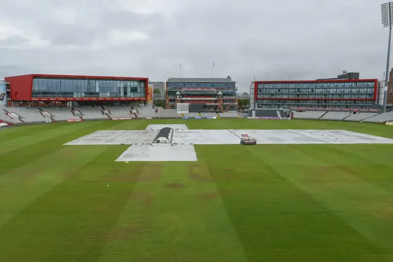 General shot of the ground during the Rothesay County Championship Two match between Lancashire County Cricket Club and Northamptonshire County Cricket Club at the Emirates, Old Trafford, Manchester, UK on 20 August 2026.