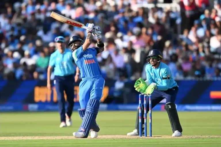 Virat Kohli of India hits the ball over the boundary for six runs during the Metro Bank One Day International match between England and India at Lord's Cricket Ground, St John's Wood, UK on 19 July 2026.