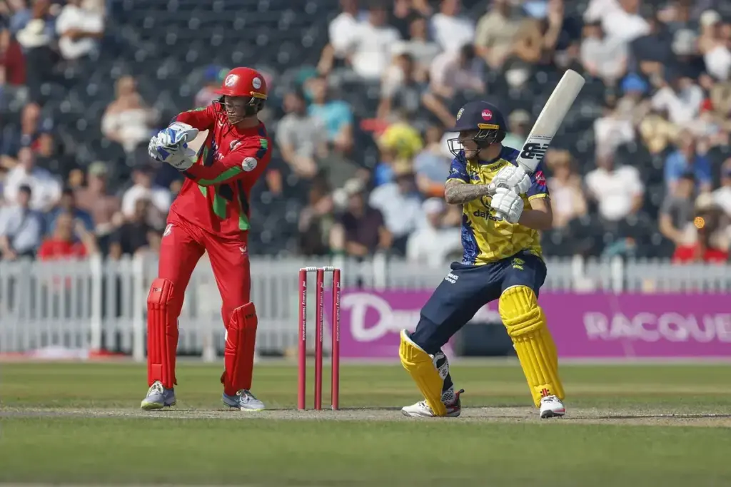 Durhams Brydon Carse during the Vitality T20 Blast North Group match between Lancashire Lightning and Durham County Cricket Club at the Emirates, Old Trafford, Manchester, UK on 12 July 2026.