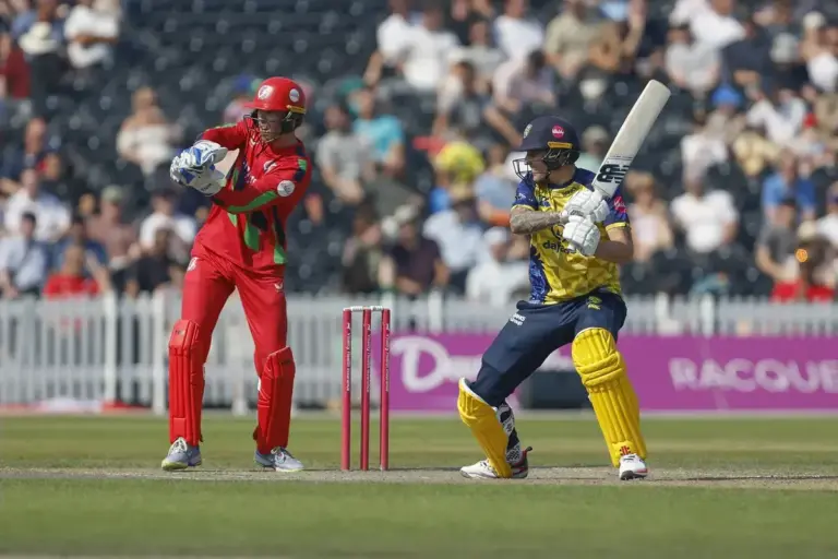 Durhams Brydon Carse during the Vitality T20 Blast North Group match between Lancashire Lightning and Durham County Cricket Club at the Emirates, Old Trafford, Manchester, UK on 12 July 2026.