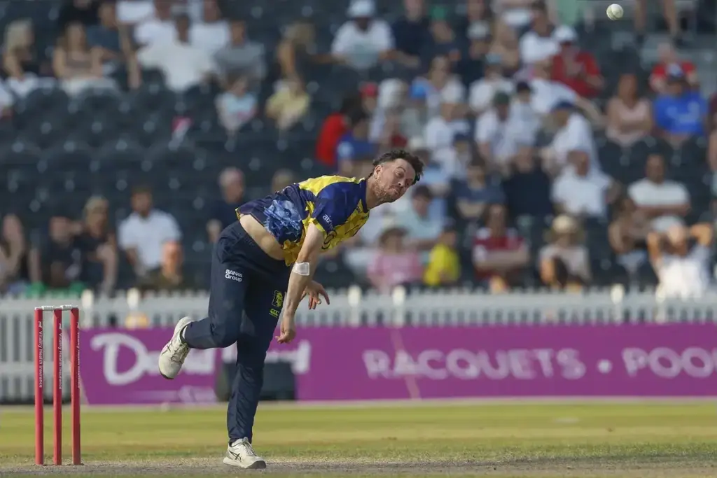 Durhams Nathan Sowter during the Vitality T20 Blast North Group match between Lancashire Lightning and Durham County Cricket Club at the Emirates, Old Trafford, Manchester, UK on 12 July 2026.