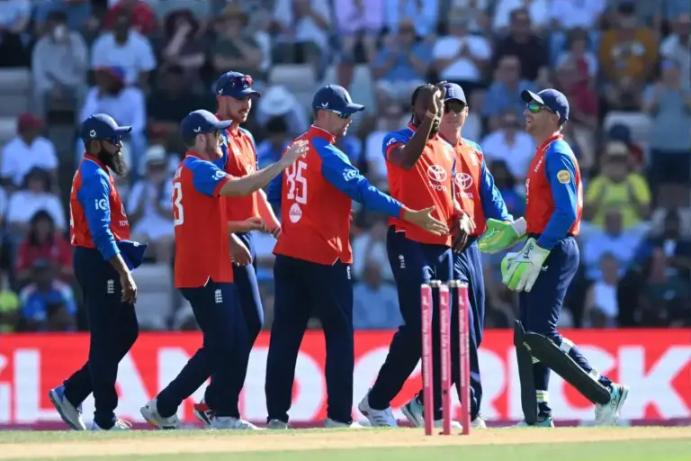 Wicket - Jofra Archer of England celebrates taking the wicket of Abhishek Sharma of India during the International T20 match between England and India at the Utilita Bowl, Southampton, UK on 11 July 2026.