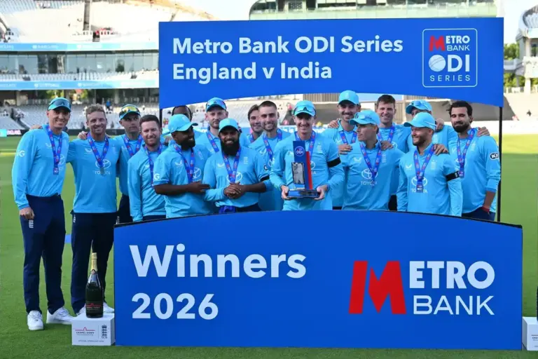 Harry Brook of England lift the Metro Bank Series ODI Trophy during the Metro Bank One Day International match between England and India at Lord's Cricket Ground, St John's Wood, UK on 19 July 2026.