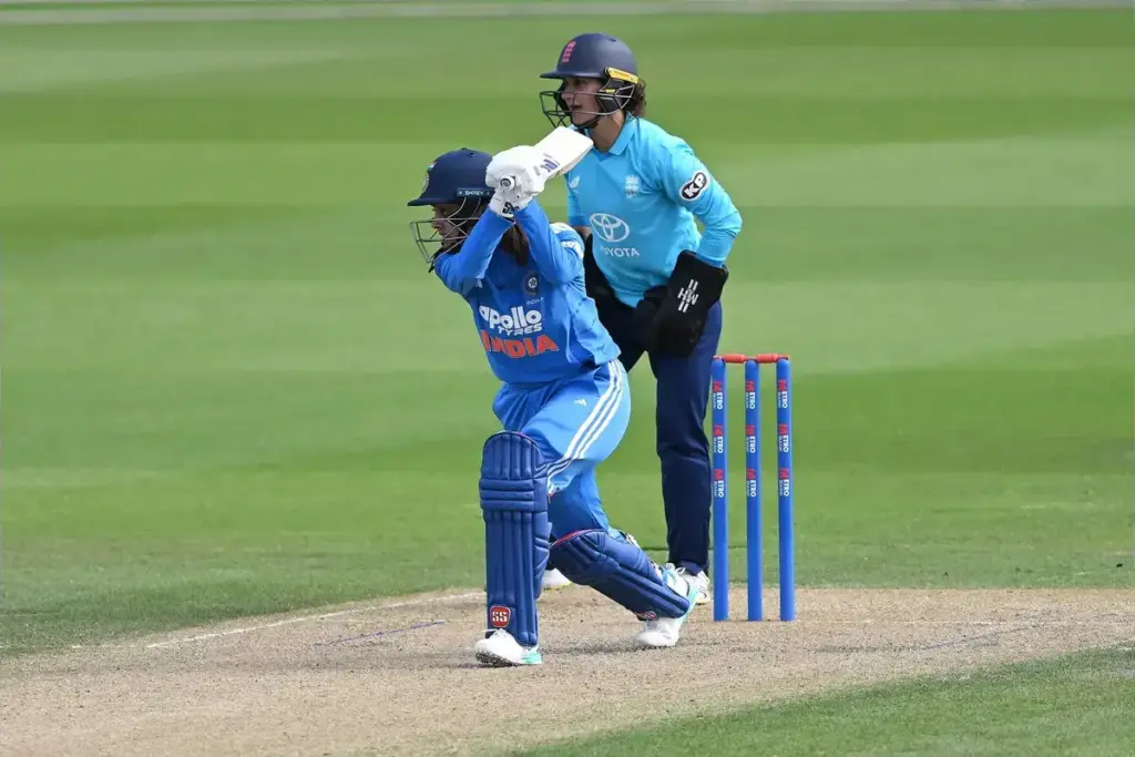 Harleen Deol of India A Women batting during her innings of 53 in the Cricket Friendly match between England Women Cricket A and India Women Cricket A at the 1st Central County Ground, Hove, UK on 28 June 2026.