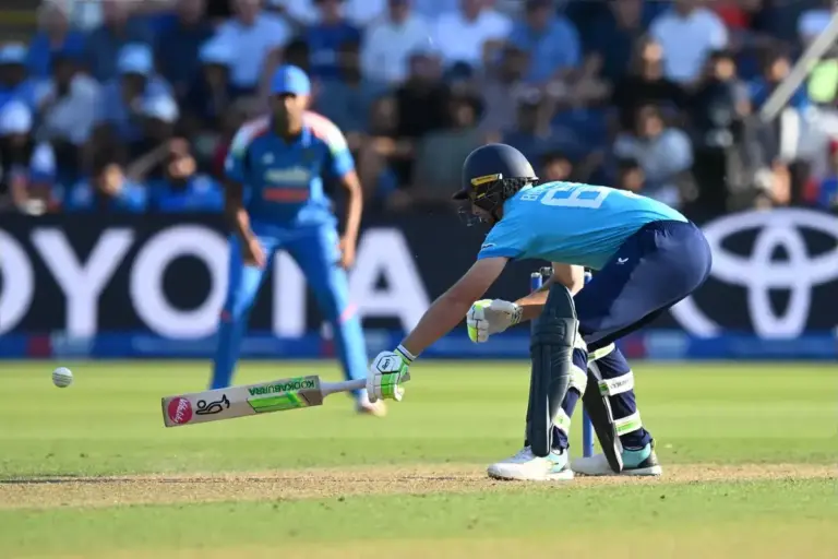 Jos Buttler of England stretches for the ball on a free hit which is bowled by Jasprit Bumrah of India during the Metro Bank One Day International match between England and India at Sophia Gardens, Cardiff, UK on 16 July 2026.