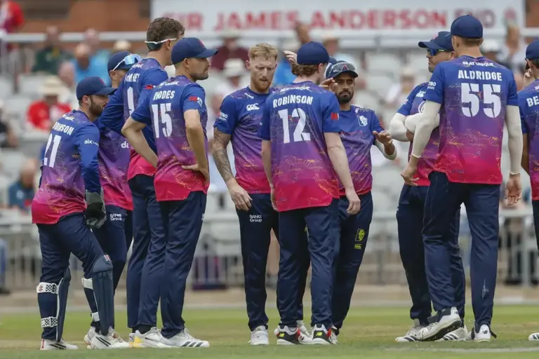 Durhams Ben Stokes celebrates a wicket during the Metro Bank 1 Day Cup match between Lancashire County Cricket Club and Durham County Cricket Club at the Emirates, Old Trafford, Manchester, UK on 14 August 2026.