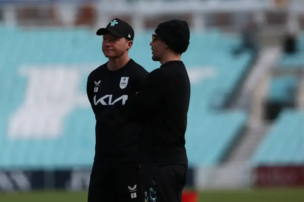 Surrey Head Coach Gareth Batty (left) during Day 3 of the Rothesay County Championship One match between Surrey County Cricket Club and Leicestershire County Cricket Club at the Kia Oval, Kennington, UK on 12 April 2026.