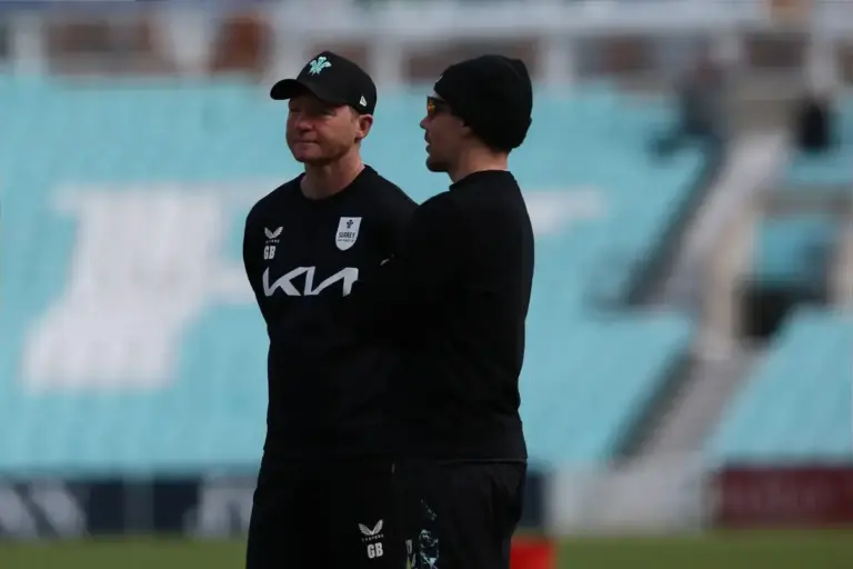 Surrey Head Coach Gareth Batty (left) during Day 3 of the Rothesay County Championship One match between Surrey County Cricket Club and Leicestershire County Cricket Club at the Kia Oval, Kennington, UK on 12 April 2026.