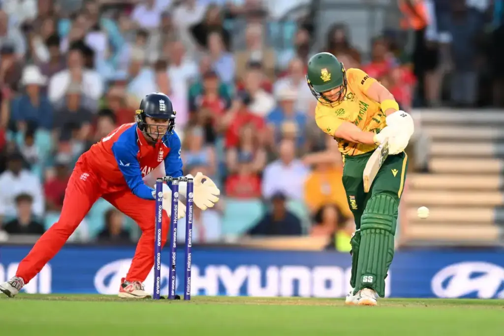 Laura Wolvaardt of South Africa plays an attacking shot during the ICC Women's T20 World Cup semi-final match between England Women Cricket and South Africa Women at the Oval, London, UK on 2 July 2026.
