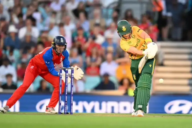 Laura Wolvaardt of South Africa plays an attacking shot during the ICC Women's T20 World Cup semi-final match between England Women Cricket and South Africa Women at the Oval, London, UK on 2 July 2026.