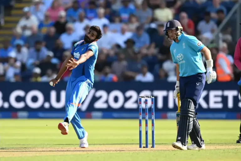 Jasprit Bumrah of India bowling during the Metro Bank One Day International match between England and India at Sophia Gardens, Cardiff, UK on 16 July 2026.