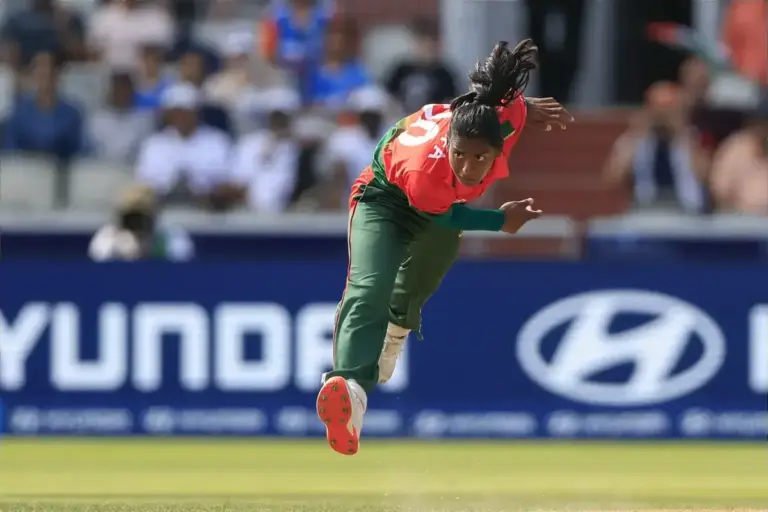 Marufa Akter (90) of Bangladesh in bowling action during the ICC Women's T20 World Cup match between India Women and Bangladesh Women at Old Trafford, Manchester, UK on 25 June 2026.