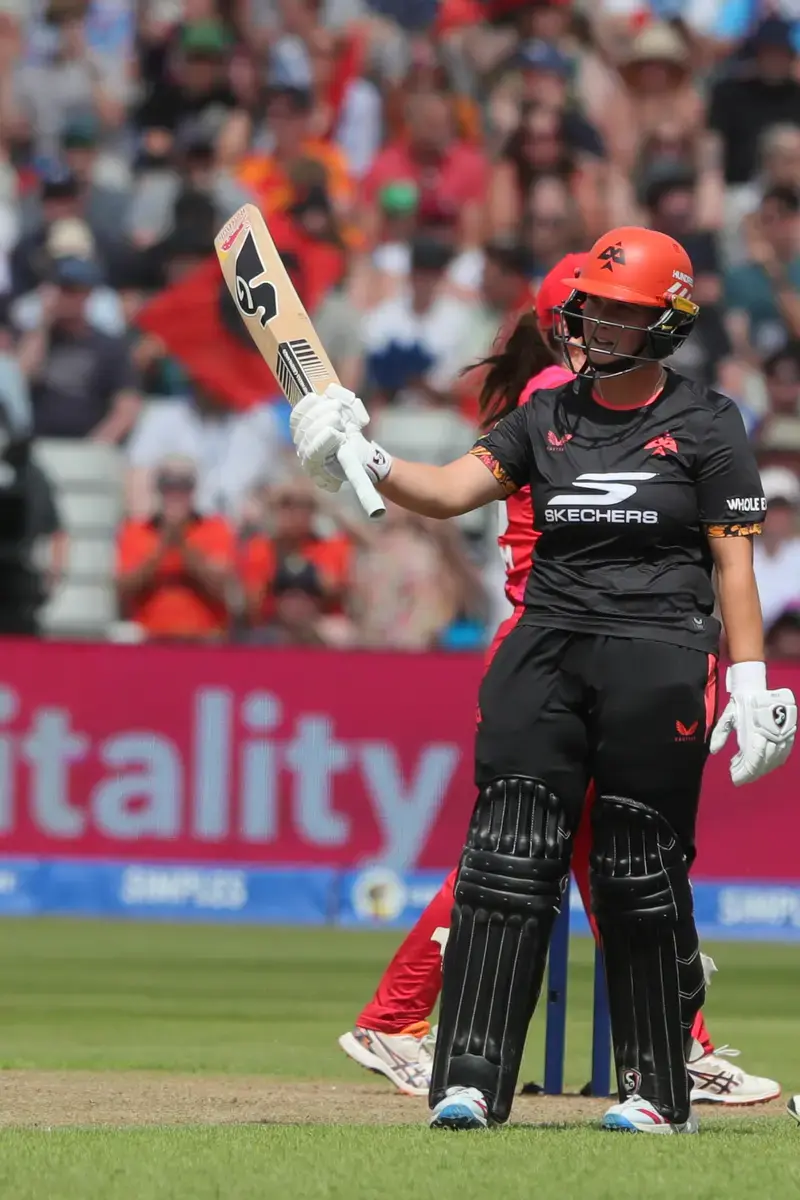 Alice Capsey of Birmingham Phoenix celebrates fifty runs during the The Hundred match between Birmingham Phoenix Women and Welsh Fire Women at Edgbaston, Birmingham, UK on 1 August 2026.