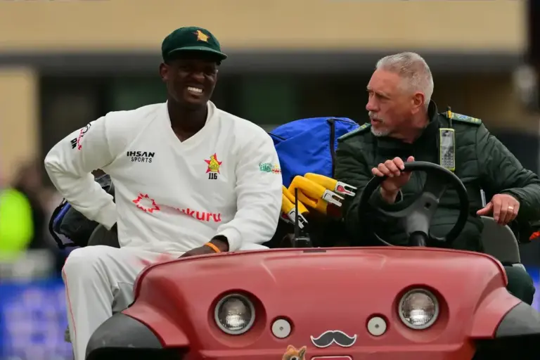 Richard Ngarava of Zimbabwe in pain during the International Test Match 2025 match between England and Zimbabwe at Trent Bridge, Nottingham, United Kingdom on 22 May 2025.