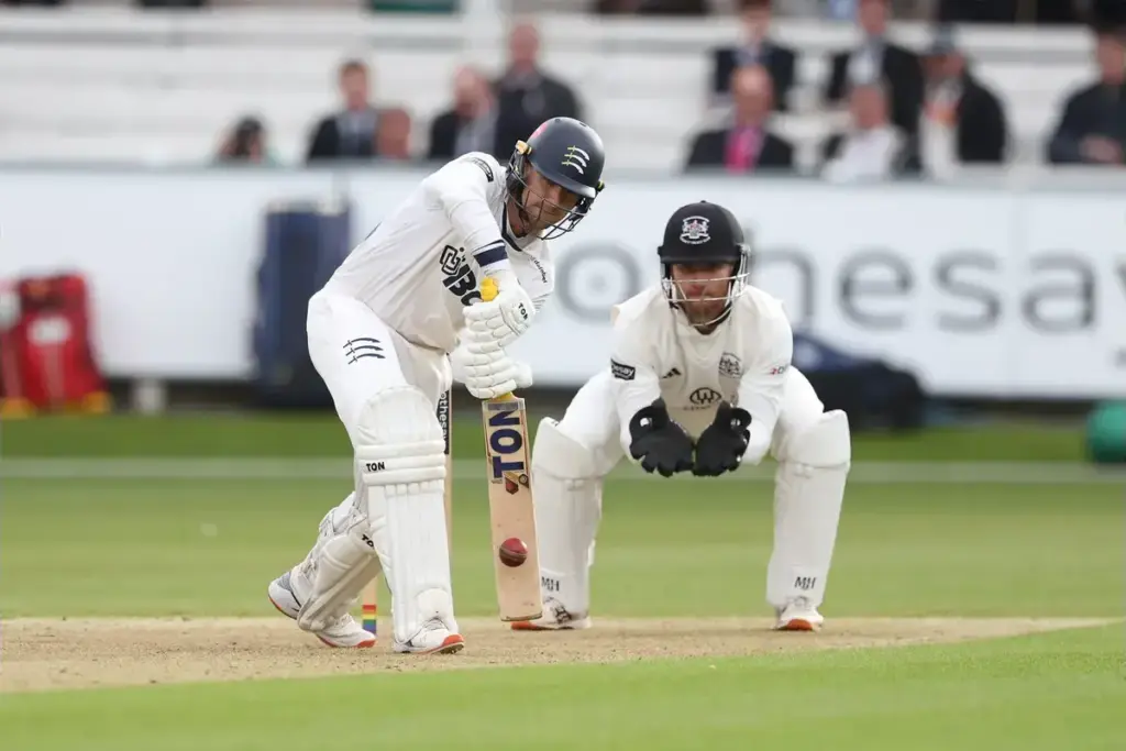 Middlesex Batter Leus du Plooy 76 Plays an Attacking shot during the Rothesay County Championship Two match between Middlesex County Cricket Club and Gloucestershire County Cricket Club at Lord's Cricket Ground, St John's Wood, UK on 3 April 2026.