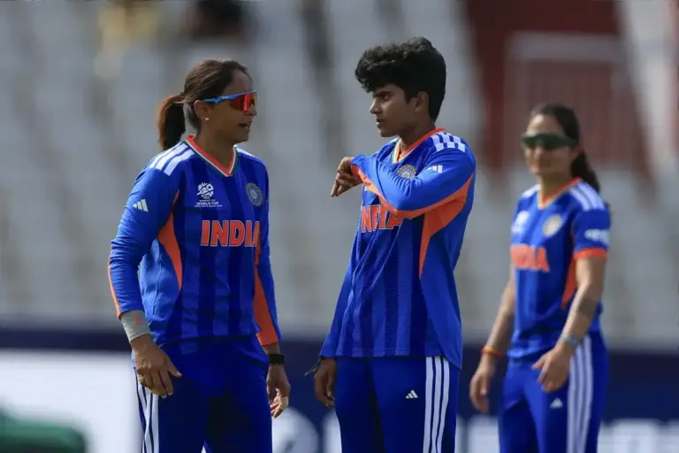 Harmanpreet Kaur (23) of India and Shree Charani (4) of India during the ICC Women's T20 World Cup match between India Women and Bangladesh Women at Old Trafford, Manchester, UK on 25 June 2026.