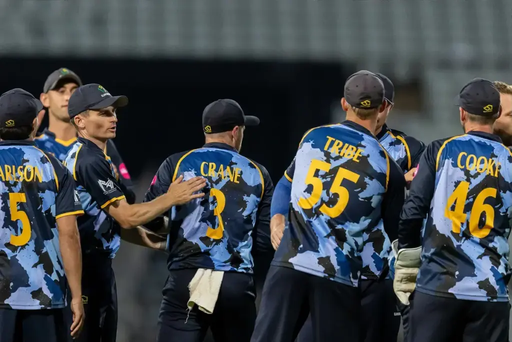 Warwickshire Bears Ed Barnard run out by Glamorgan bowler Mason Crane and celebrates during the Vitality T20 Blast North Group match between Warwickshire Bears and Glamorgan County Cricket Club at Edgbaston, Birmingham, UK on 10 July 2026.