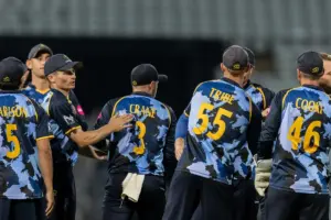 Warwickshire Bears Ed Barnard run out by Glamorgan bowler Mason Crane and celebrates during the Vitality T20 Blast North Group match between Warwickshire Bears and Glamorgan County Cricket Club at Edgbaston, Birmingham, UK on 10 July 2026.