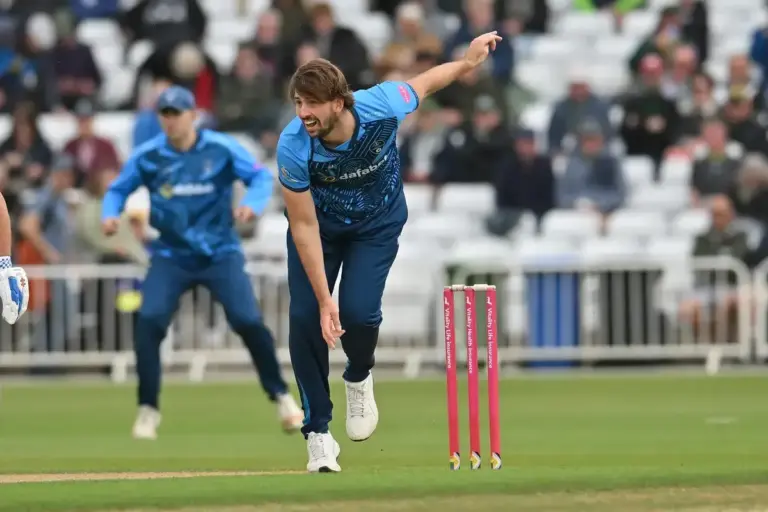 Ben Aitchison of Derbyshire Falcons bowling from the Stuart Broad End during the Vitality T20 Blast North Group match between Notts Outlaws and Derbyshire Falcons at Trent Bridge, Nottingham, UK on 7 June 2026.